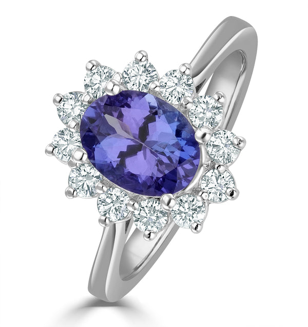 Tanzanite 8 x 6mm And 0.50ct Diamond 18K White Gold Ring